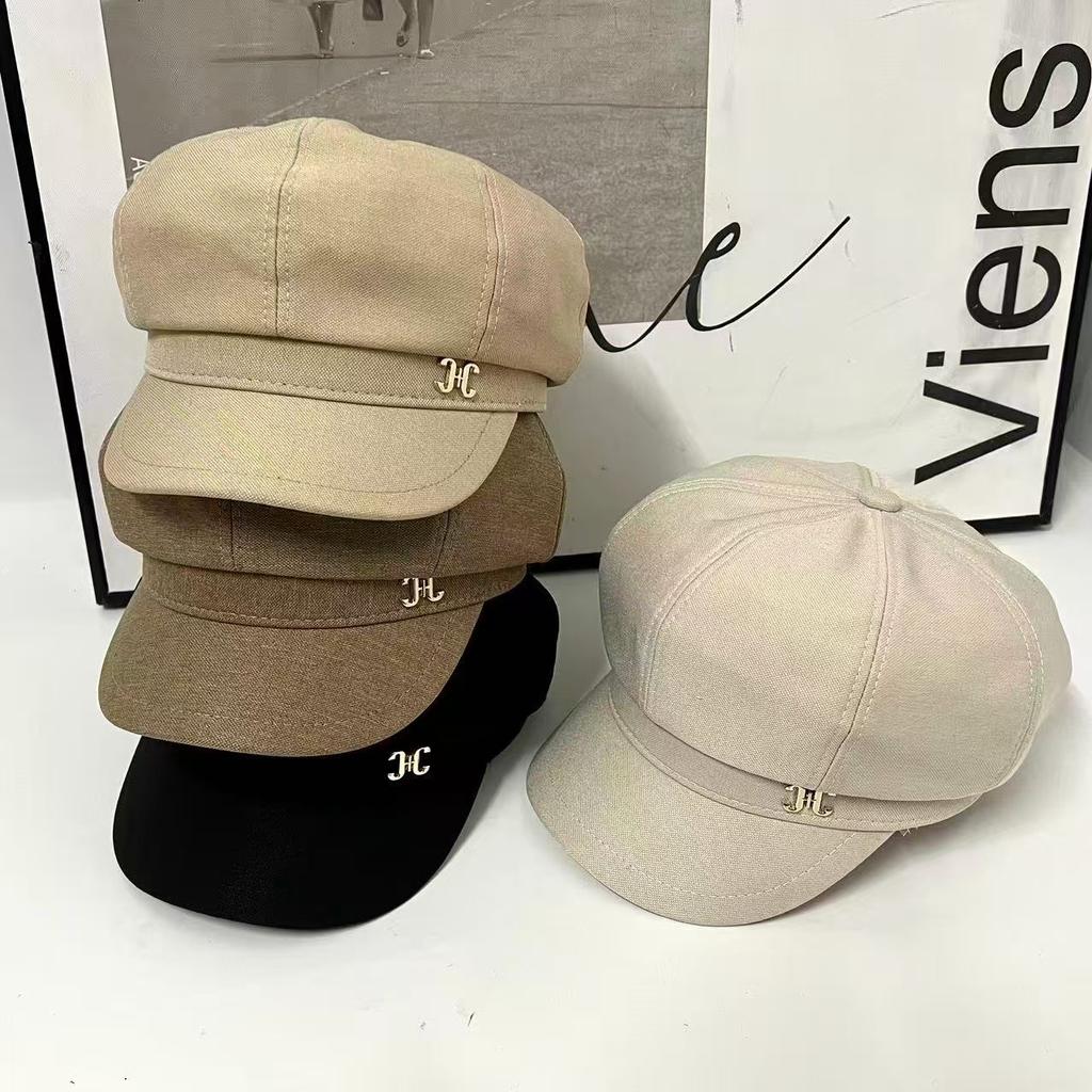 New Metal Standard Octagonal Hat Female Face Small Beret Casual Versatile Temperament Newsboy Hat English Letters