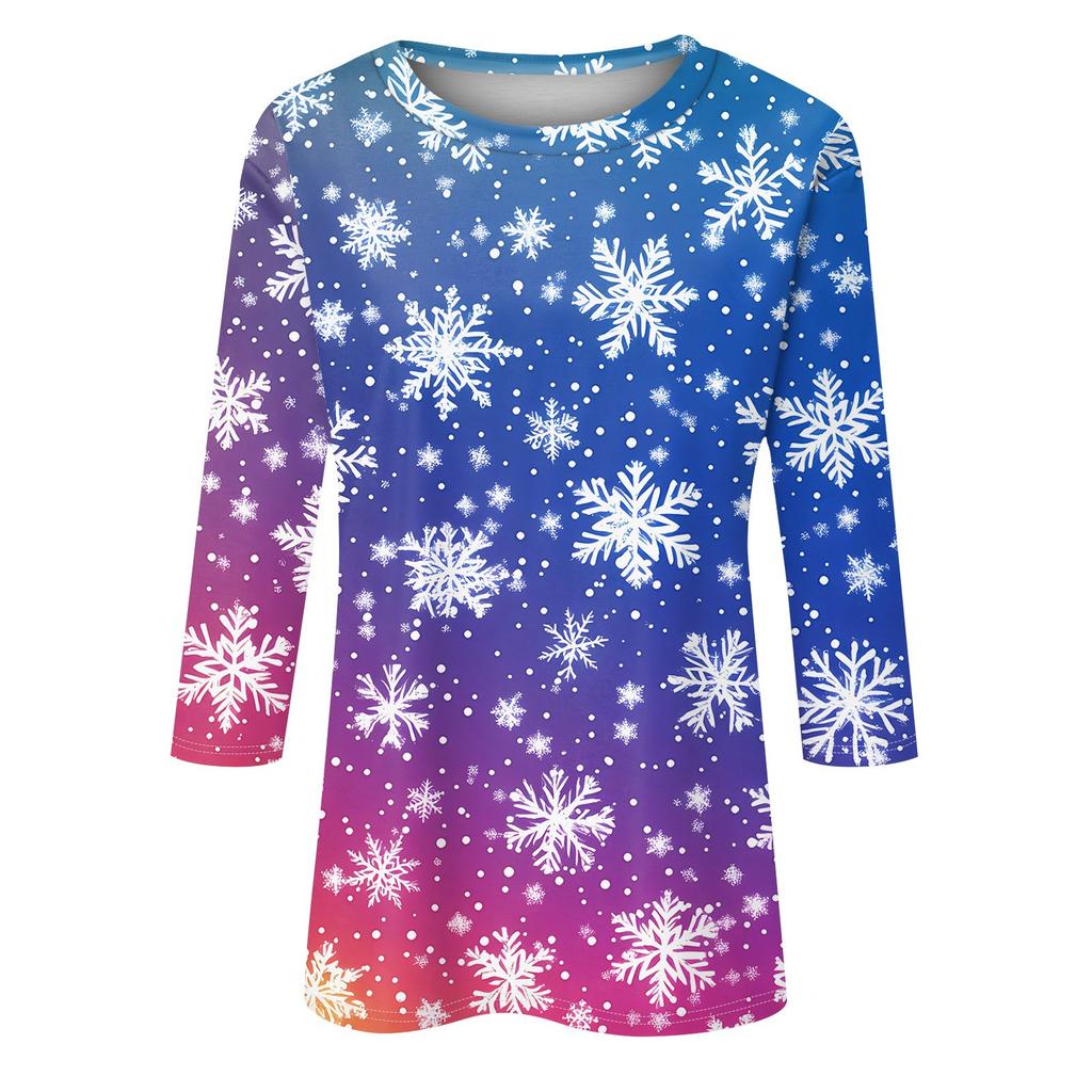 Women's Fashionable Casual Three Quarter Sleeve Christmas Printed Collar Pullover Top