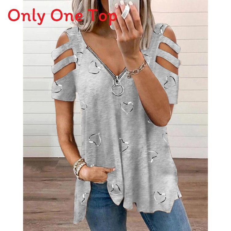 Short Sleeve T Shirt With Zipper Print Cotton Blend For Casual Streetwear