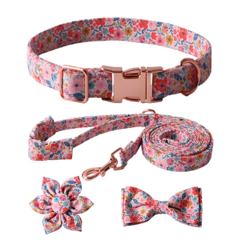 Fashion Dog Collar+Leash+Necktie Set Completes with Colorful Floral Print Bow Perfect for Pets Outstanding in the Crowd
