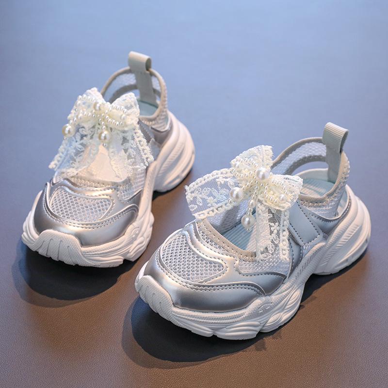 Girls' New Summer Single Mesh Pearl Lace Bowknot Sports Sandals Little Girls' Transparent Mesh Casual Sandals