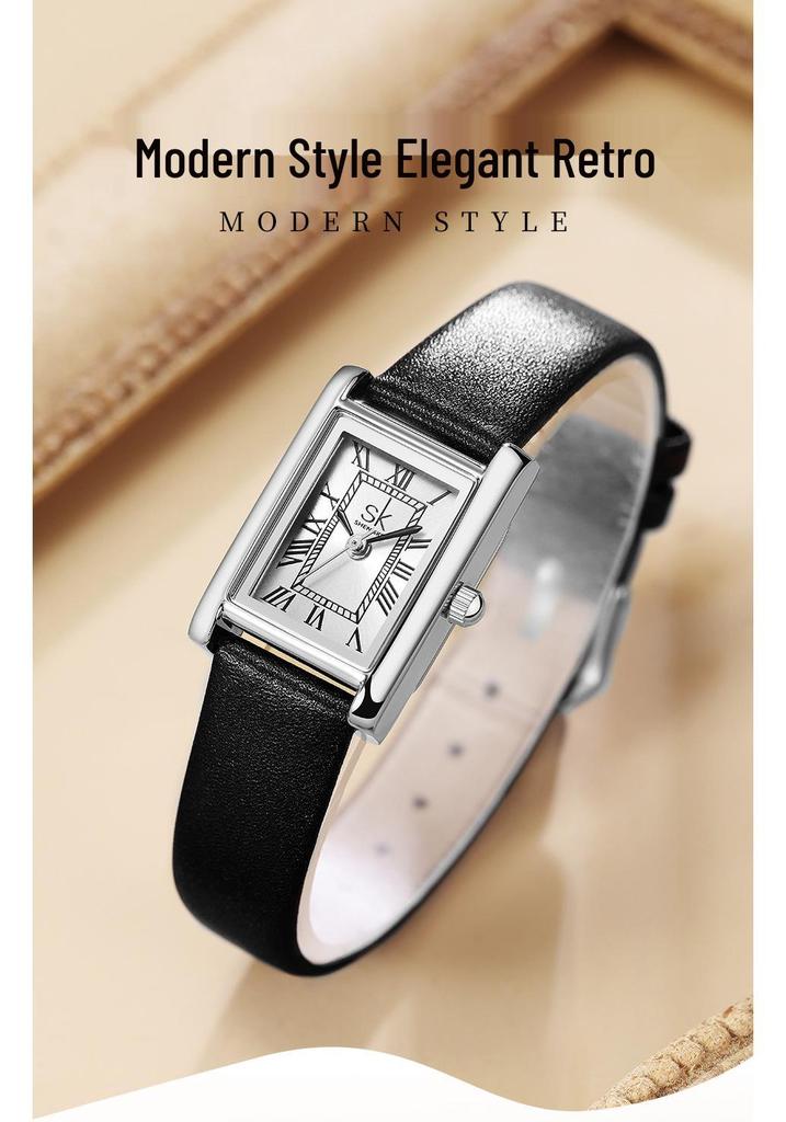 SK Women's Retro Quartz Watch with Genuine Leather Strap - Waterproof, Versatile, Small Square Dial