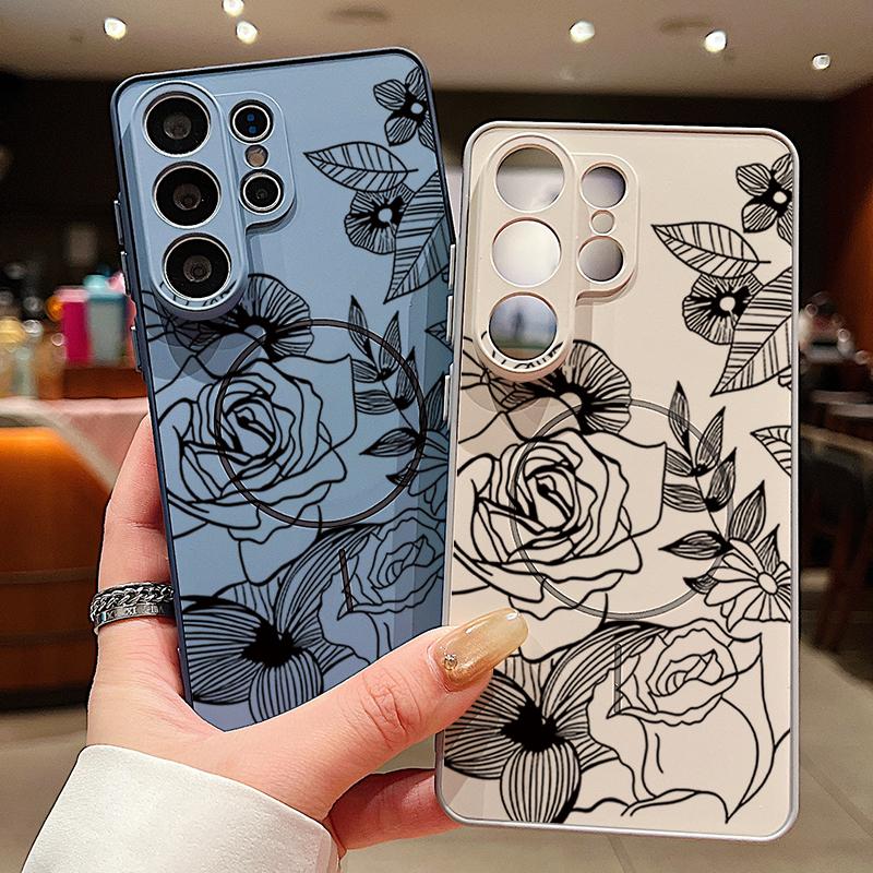 Magnetic For Magsafe Case For Samsung Galaxy S26 Ultra S25 Edge S24 Plus S23 FE S22 A54 A55 A56 5G Line Rose Flowers Leaves Pattern Matte Cover