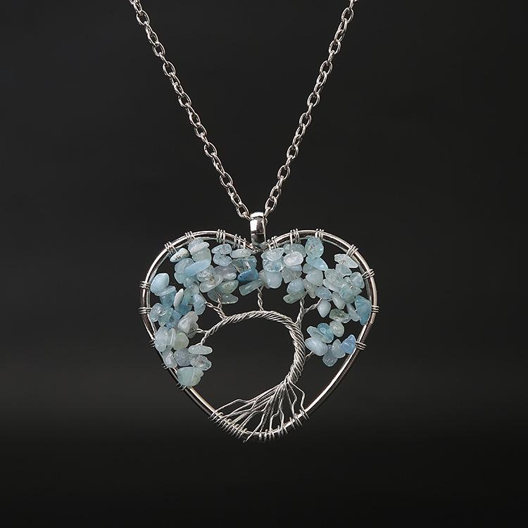 Seven-Color Heart-Shaped Tree of Life Necklace with Natural Stone Crystals