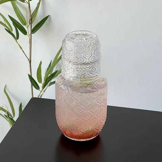 Retro-Wasserkaraffe und Gläserset Hitzebeständig 540ml Saftkrug mit 145ml Becher geprägtes Glas Teekanne Tassenset für Saft Eistee Wasser