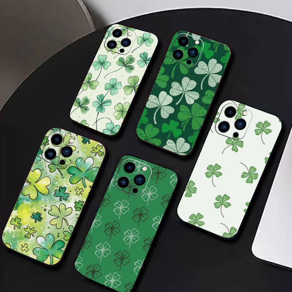 Lucky-Four-leaf Clover Phone Case For iPhone 17 16 15 14 13 12 Max Plus Silicone Black Cover