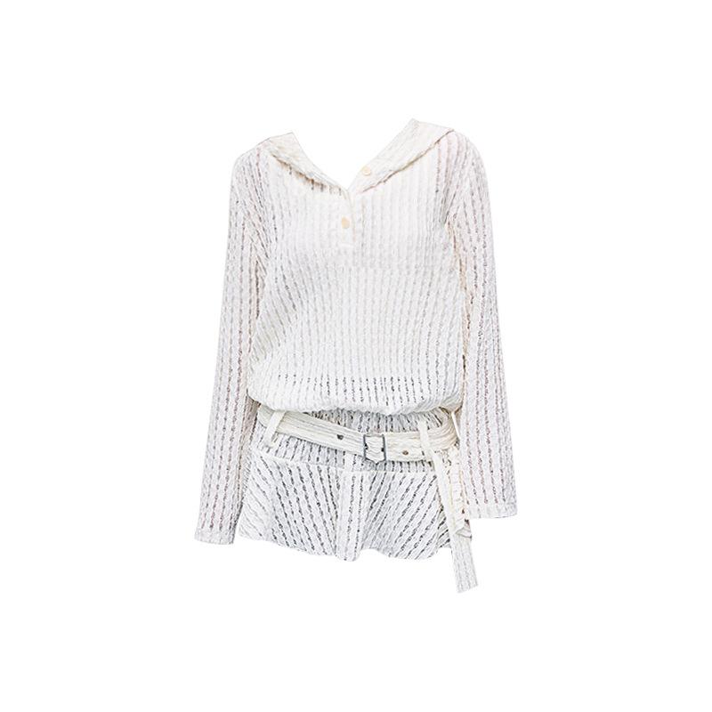 Large size fat MM French hollow knitted sweater women's early autumn new design loose hooded sweater dress