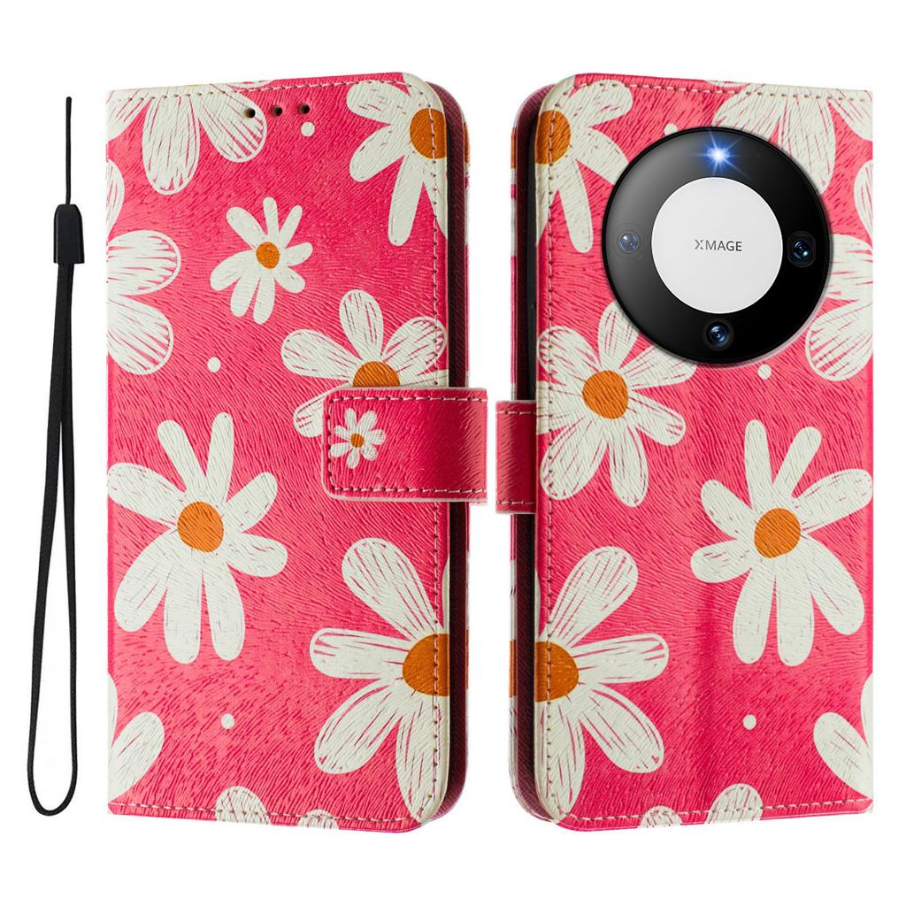 Pink Daisy Luxury Painted Leather Case Wallet PU Leather Book Style Cover for Huawei P20 P30 P40 P50,Pura 70,Mate 60,Mate 70,Honor 50...