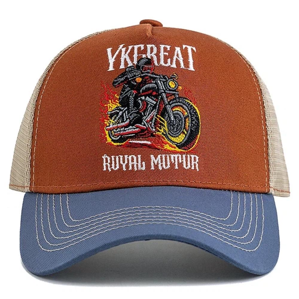 New Motorcycle Embroidered Trucker Hat Flame Biker Patch Baseball Cap For Man Woman Breathable Streetwear Summer Mesh Caps