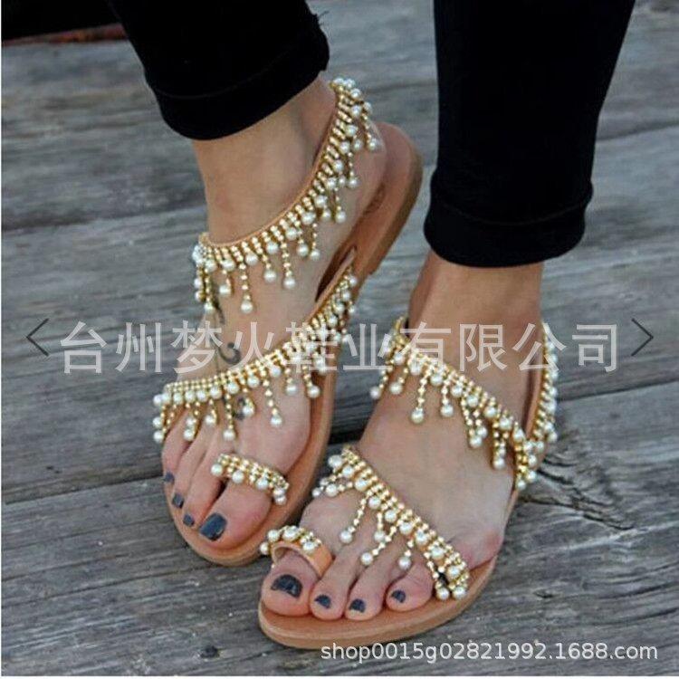 Flat-soled sandals women's summer casual beach pearl cover toe flat-heeled cool slippers
