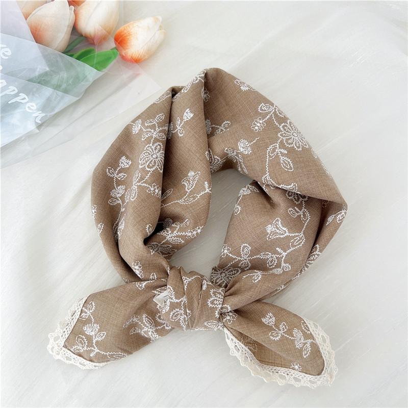 Cotton Linen Lace Edge Square Scarves 60cm Kerchief Neckerchief Bandanas Women Casual Neck Scarf Plaid Print Geometric Pattern