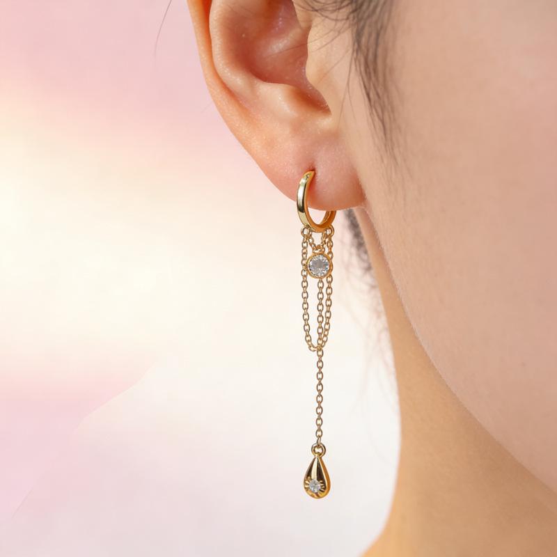 European & American Water Drop Tassel Earrings with Inlaid Zirconium - Korean Style, Trendy and Simple Design for Women