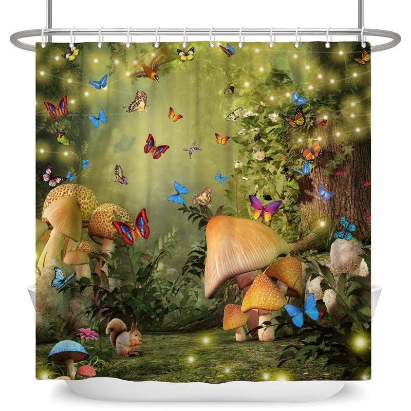 Enchanted Forest Shower Curtain Cartoon Magic Tale Mushroom Wonderland Gothic Shower Curtain Waterproof Bath Decor With Hooks