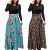 Women Floral Printed Patchwork Long Sleeve Cocktail Party Large Swing Maxi Dress