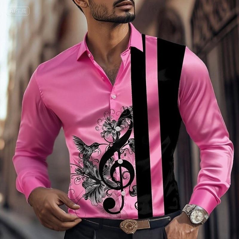 2025 Men's Striped Musical Note Dress Shirt Button Long Sleeve Fashion Casual Autumn Lapel Shirt 3D Printing Men Clothing