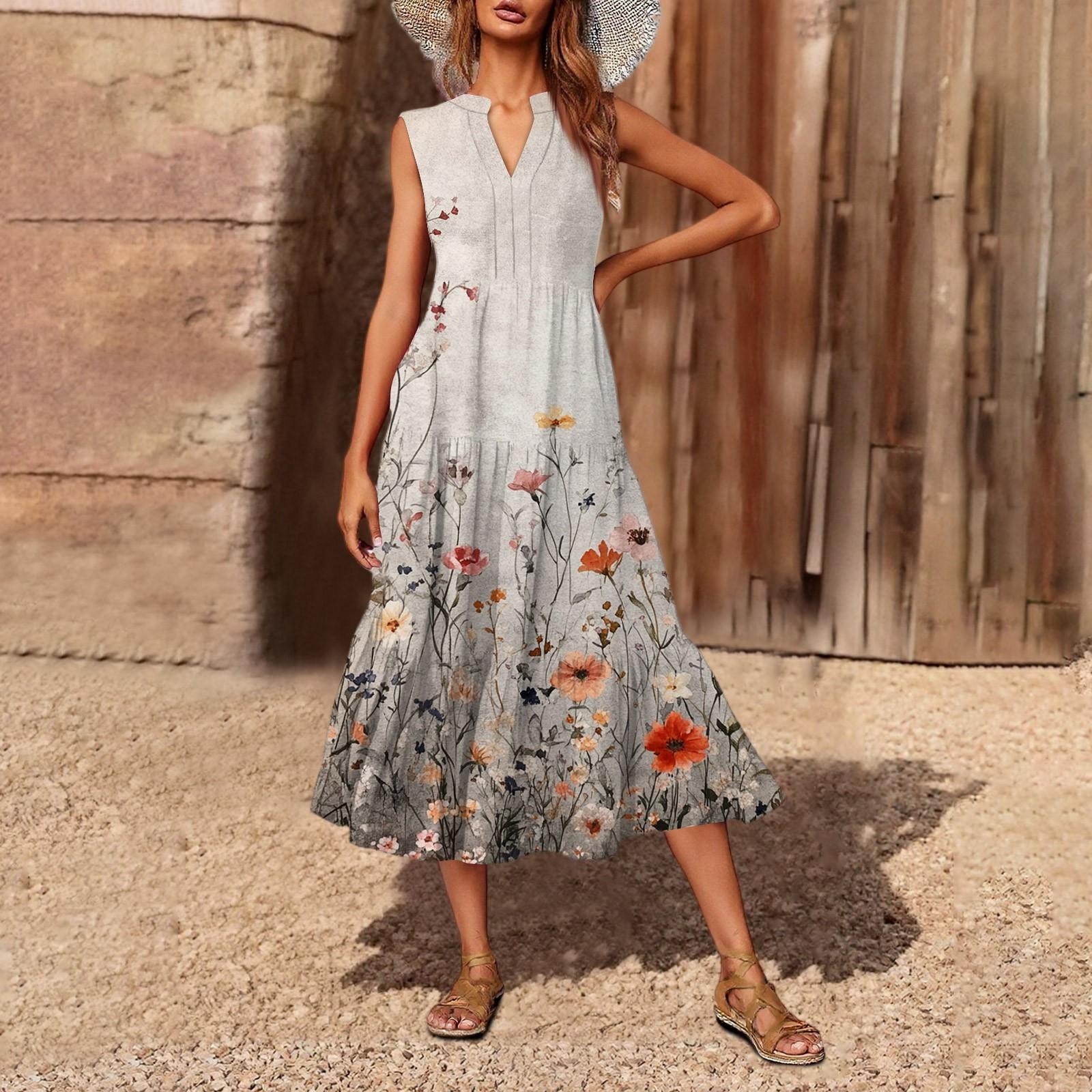 

Женское повседневное и модное платье средней длины с V-образным вырезом без рукавов и принтом S