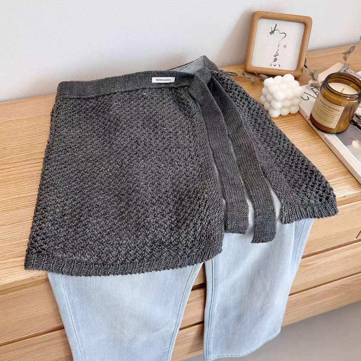 

2026 Spring Autumn Korean Style Hollow Knit Midi Skirt for Women - One-Piece Layering Skirt. One Size темно-серого