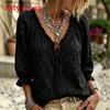 Camicetta Ricamata Floreale Vintage con Scollo a V e Dettagli a Ruffle per Uso Casual