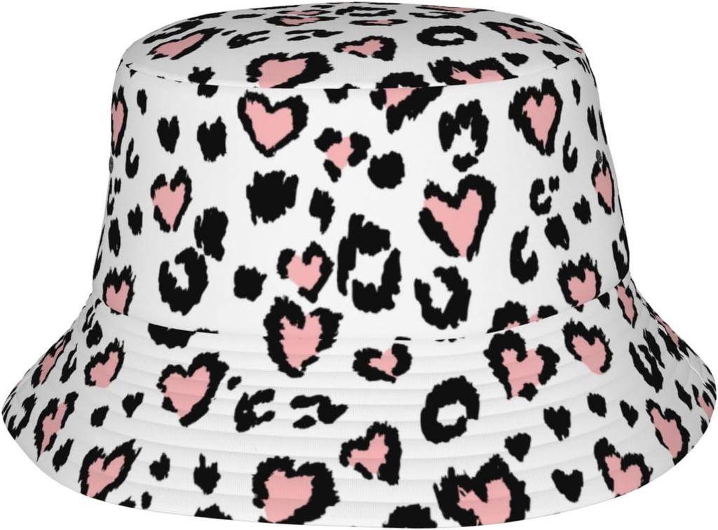 Pink Leopard Heart Print Bucket Hat Fashion Animal Pattern Sun Hat For Women Girls Summer Beach Outdoor Streetwear Protection