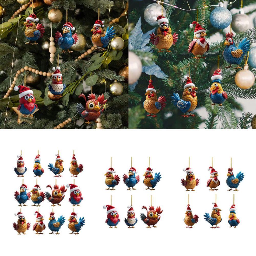 2D Christmas Rooster Ornament Cute Car Chicken Pendants Flat Rooster Pendant Party Supplies