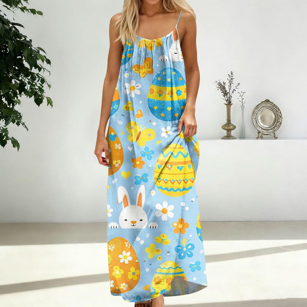 Women's Fashion Backless Spaghetti Strap Casual Loose-Fit Easter Print Dress