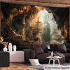 Piraten Schiff Höhle Wandteppich, Retro Nautische Segelszene Mit Goldenem Sonnenlicht, Abenteuer-Thema Wandkunst Für Wohnzimmer Schlafzimmer