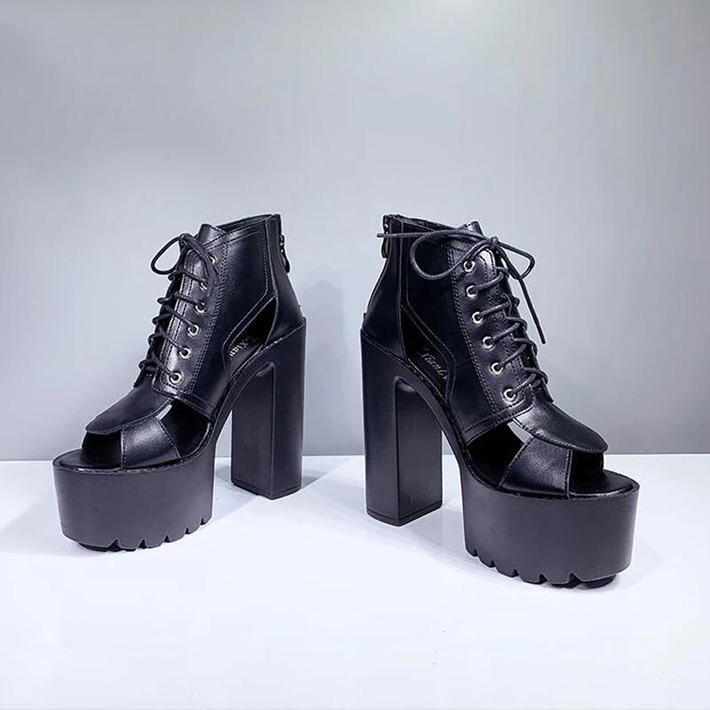 Sko med blokkhæl snøresandaler hverdagssko plattformhæler sommersandaler kiler gladiatorsommersandaler damesko punk-sko