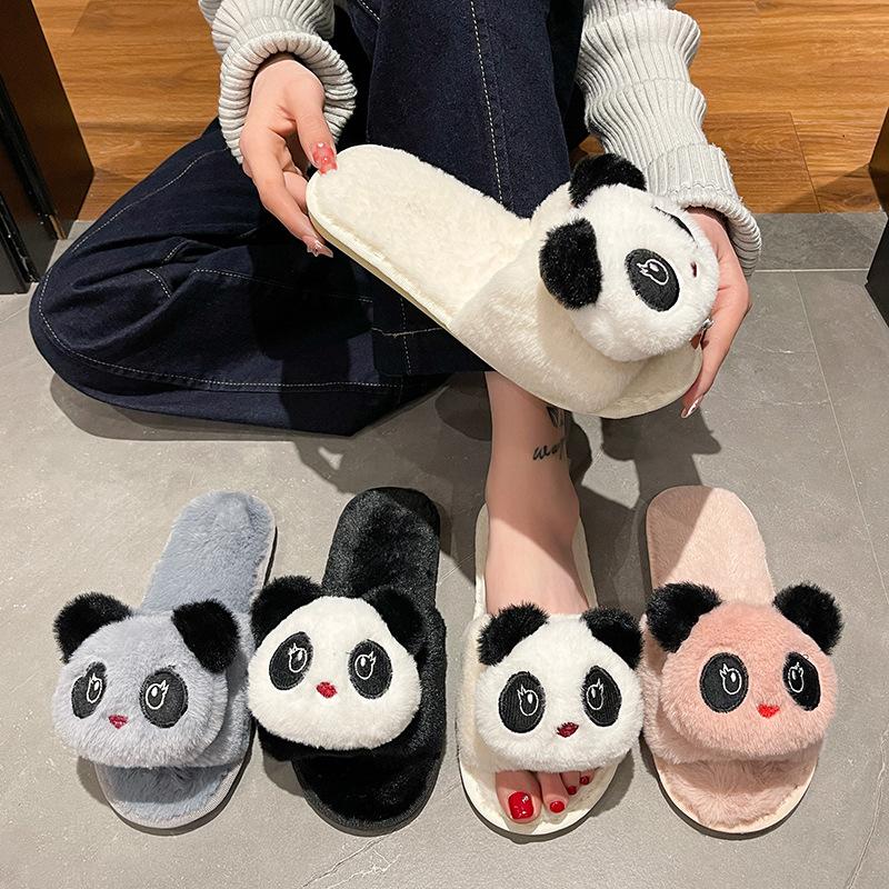 Cartoon Panda Herbst- und Winter-Baumwollpantoffeln Haushalt Niedliche Indoor-Plüschpantoffeln Rutschfeste Flache Sohle Flauschige Einwort-Pantoffeln