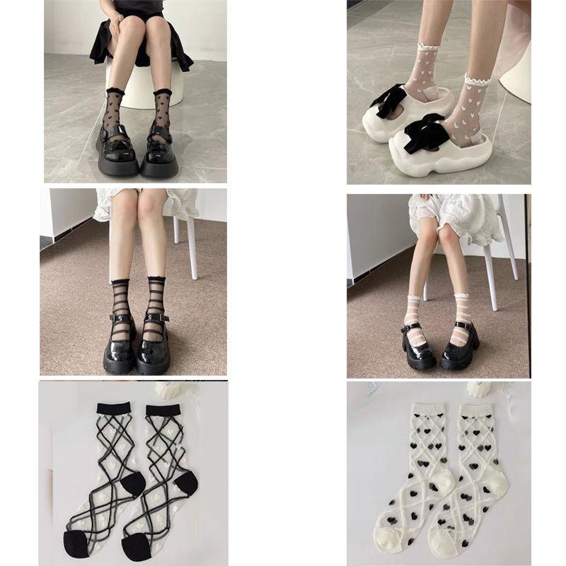 Summer black and white love ultra-thin glass silk socks children's medium tube socks tide fungus edge versatile
