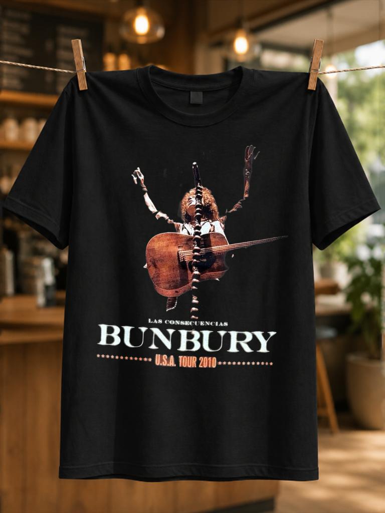 Bunbury Las Consecuencias Usa Tour 2010 Design Acoustic Guitar Stage Photo And Cream Serif Type Unisex All Tshirt