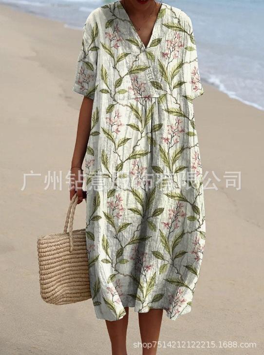 New Loose Casual Comfortable V-neck Digital Printing Pleated Large Version Dress