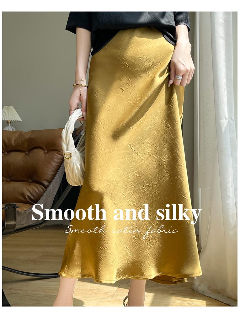 Fustă plisată din mătase de calitate superioară pentru femei, cu model coadă de pește - Vara 2024, culoare uni, talie înaltă, design cu crăpături.