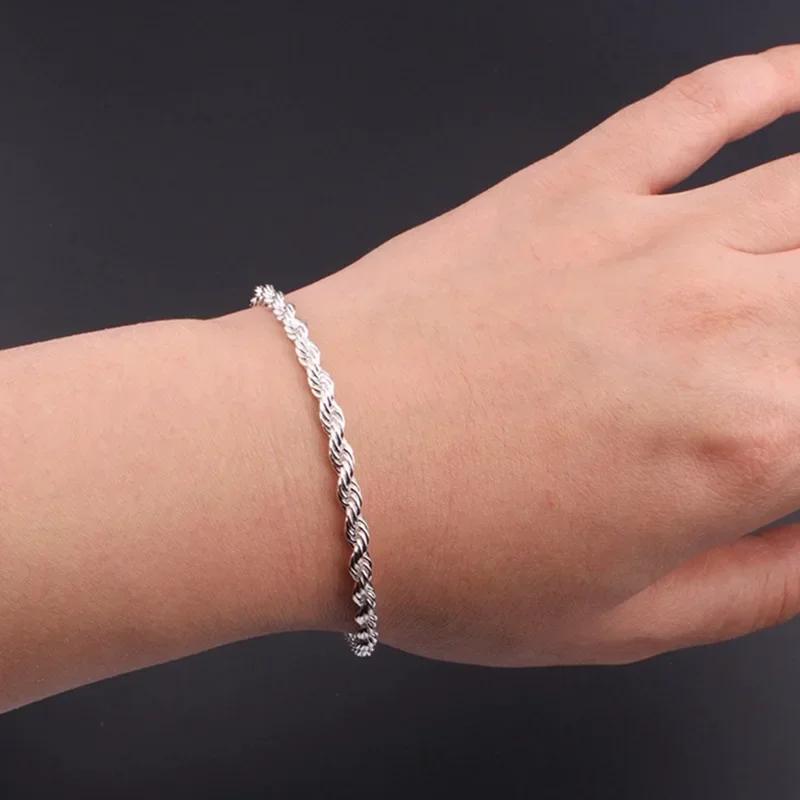 Fashion Charm 925 Silver Bracelet For Men Women Minimalist 4MM Twisted Rope Chain Bracelet Unisex Couple Jewelry Gifts