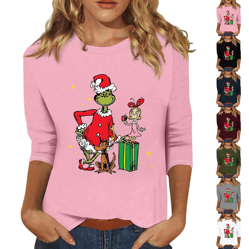 3/4 Sleeve Tops For Women T-Shirt Casual Christmas Print Tops T Shirt Round Neck Pullover Blouse