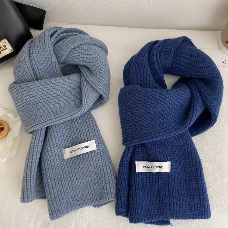 New Solid Color Haze Blue Scarf Korean Version Versatile White Woolen Scarf Winter Couple Men and Women Students