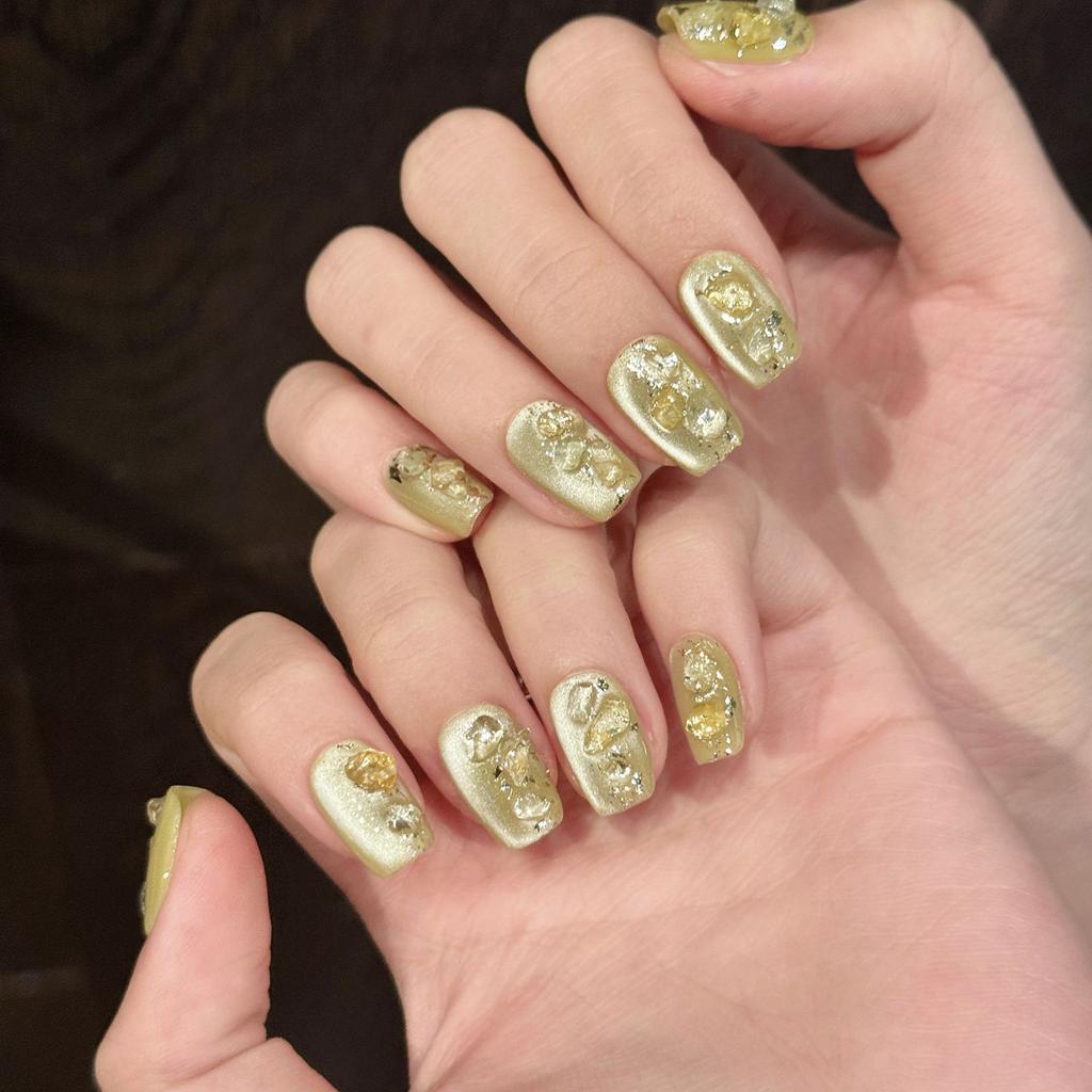 10Pcs Handmade Artificial Nails With Crystal Stone And Yellow Green Ombre Design For Daily Use