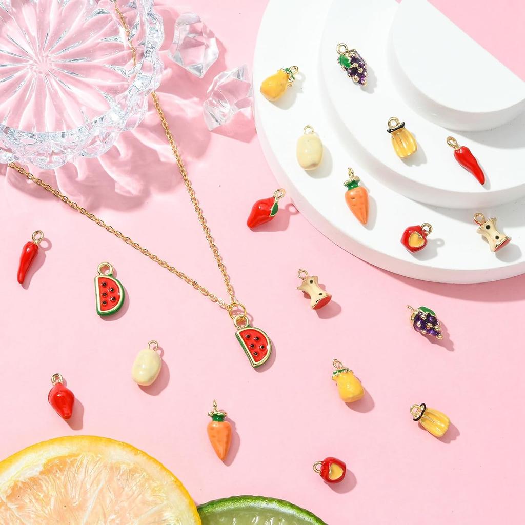 LiQunSweet 20 pcs 10 Styles Vegetable and Fruit Enamel Charms Watermelon Strawberry Banana Carrot Charms for DIY Jewelry Bracelet Necklace Earring