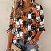 Women's Halloween Print Round Neck Tie Front Ruffle Blouse Three-Quarter Sleeves