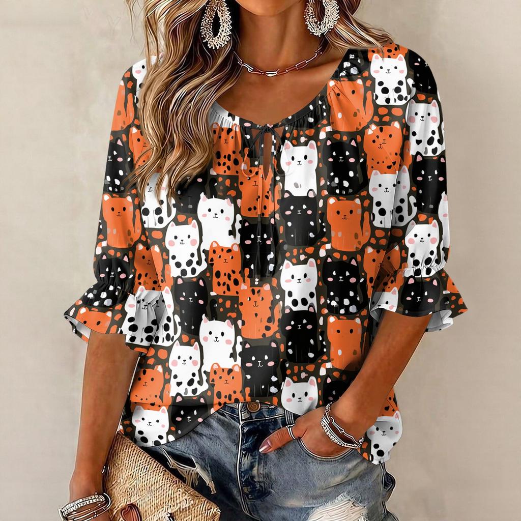 Women's Halloween Print Round Neck Tie Front Ruffle Blouse Three-Quarter Sleeves