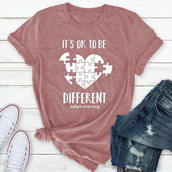 To Be Different Letter Puzzle Heart Print T Shirt Women Short Sleeve O Neck Loose Tshirt Summer Women Tee Shirt Tops Mujer