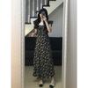 Coffee Break Black Floral Suspender Xiaofei Sleeve Dress Women's Xia Hepburn Temperament Long Dress