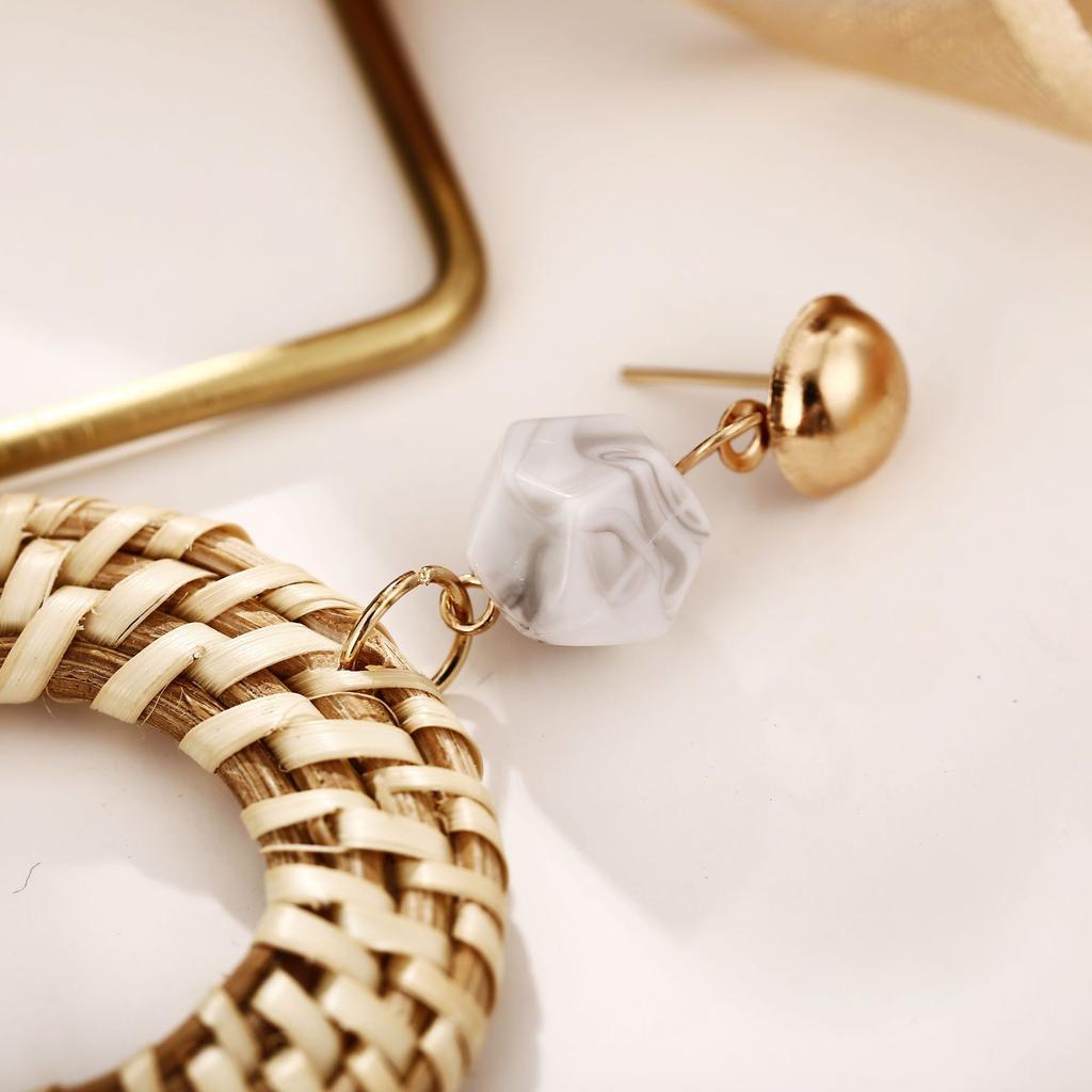 Women Men Retro Style Round Weave Wooden Earrings Beige Eardrop