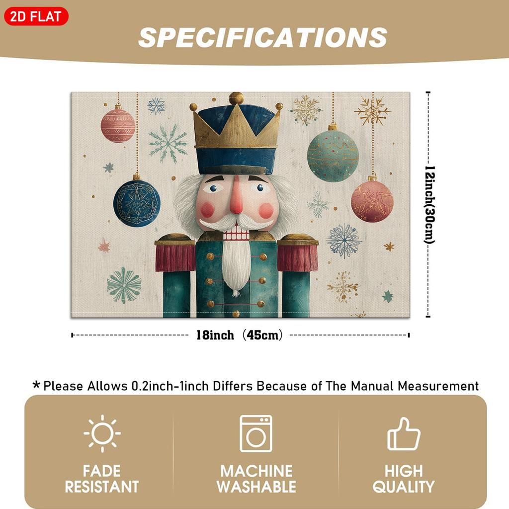 of 4/6 Christmas-Themed Placemats Featuring Nutcracker Soldiers And Colorful Christmas Balls with Snowflake Patterns, Suitable for Holiday Table Decor