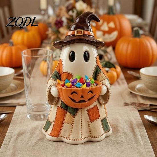 Festive Home Accents for Autumn Patchwork Ghost Halloween Decor, Resin Spooky Statue Holding Candy Living Room Bowl, Cute Tabletop Decor Office Party