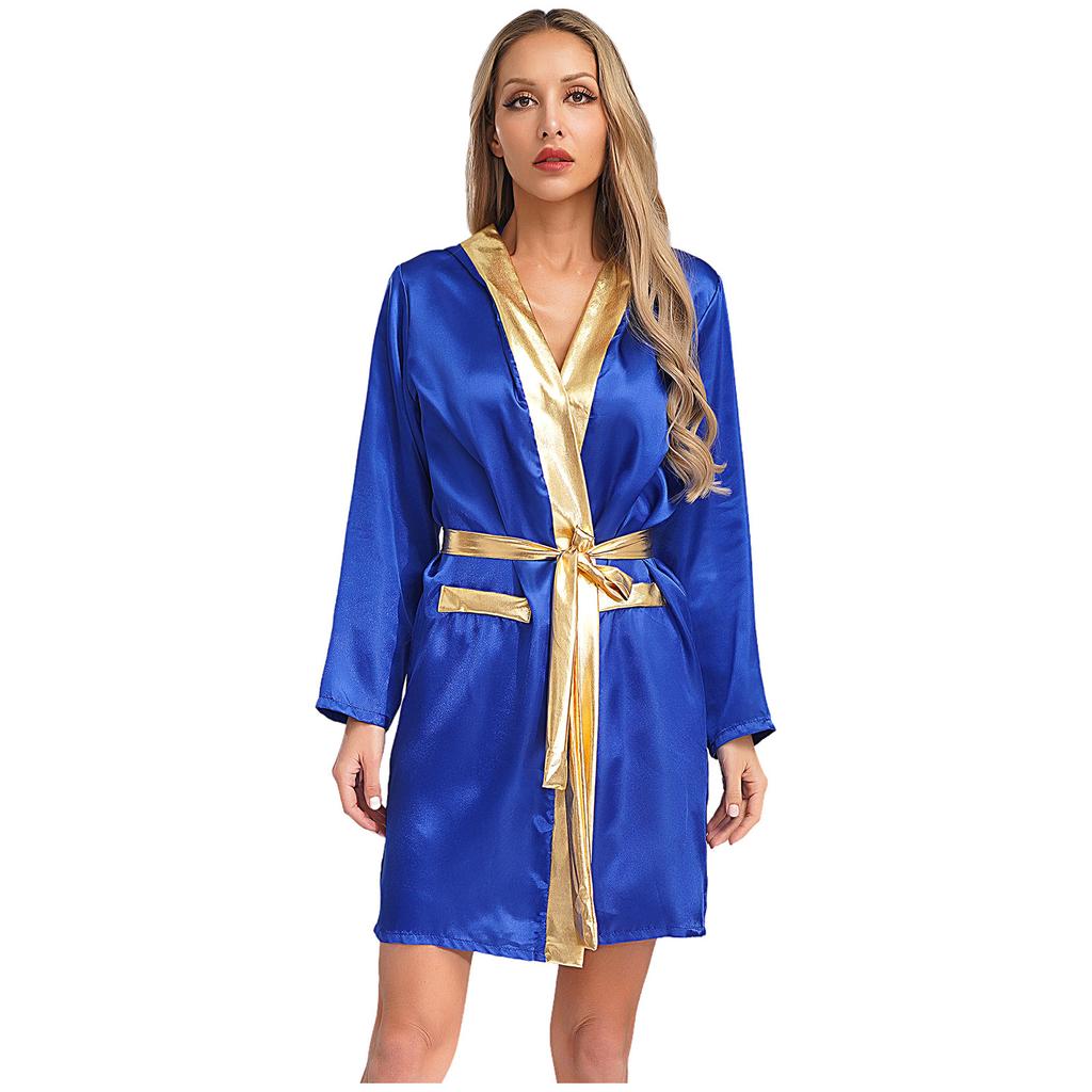 Damen Box Robe Halloween Cosplay Kostüm Langarm Offene Vorderseite Metallische Borte Satin Kapuze Umhang mit Gürtel