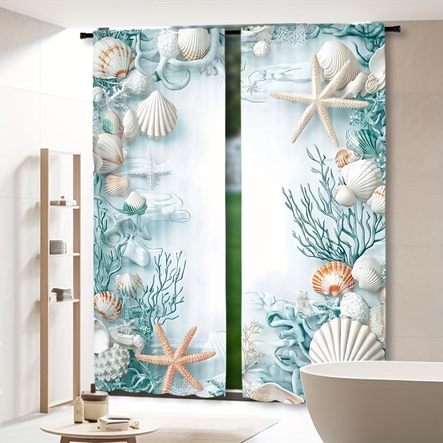 2PCS Digital Printed Curtains, Seashell Starfish Ocean Coastal Beach, Modern Home Decor Style for Living Room Bedroom Decor