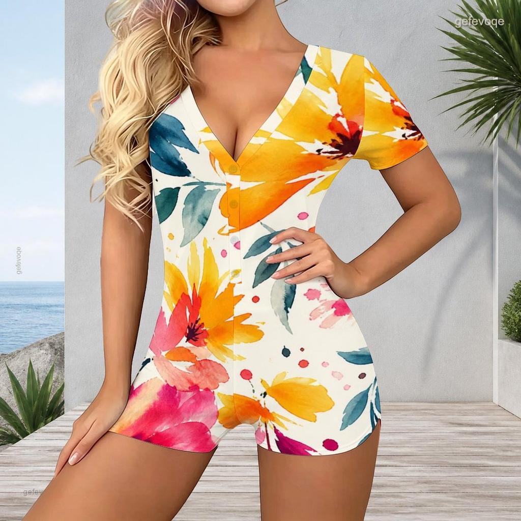 Womens V Neck Short Sleeve Plus Size One Piece Jumpsuit Garment