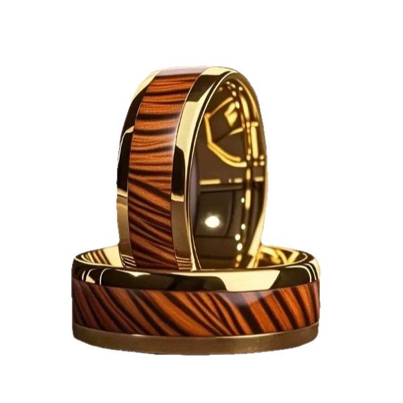 Men's Fashion Titanium Steel Ring with 8mm Acacia Pattern Inlay Wood Grain Design