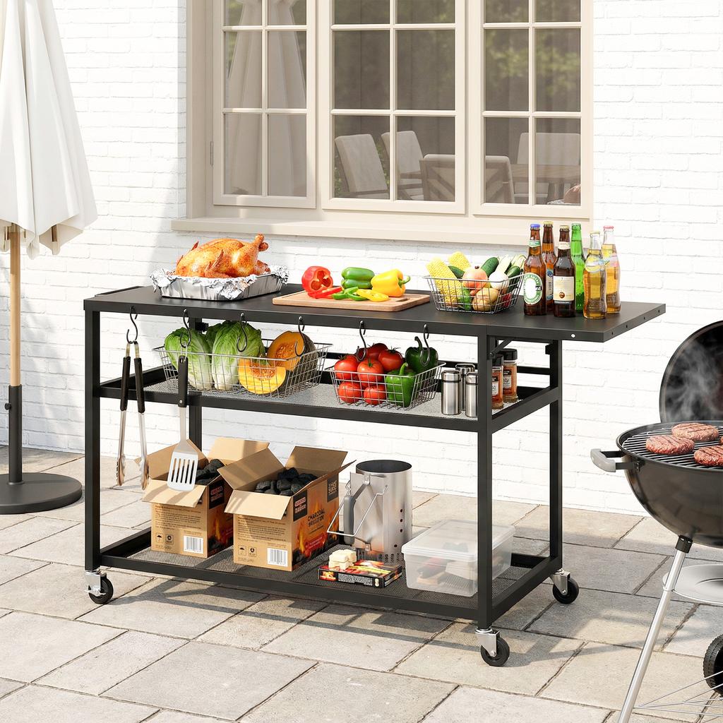 Garden Trolley Barbecue Cart on Casters with Foldable Side Tray, Three Shelves, 133 x 48.5 x 82 cm, Black