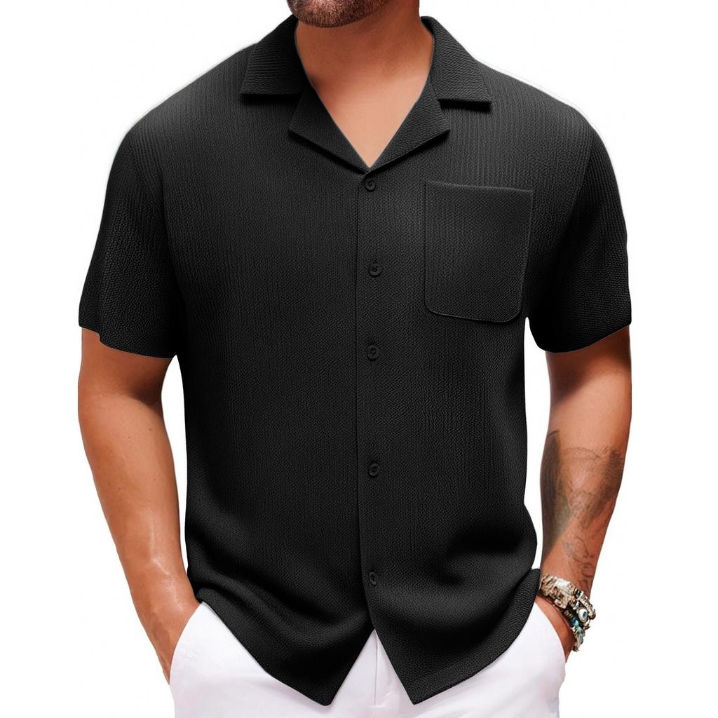Men's Summer Casual Vacation Solid Color Shirt Cuban Collar Short-sleeved Shirt